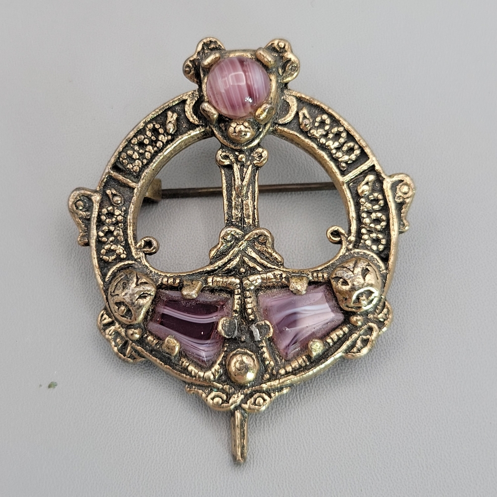 Vintage Brooch Celtic Irish Tara Dagger Pink Marbled Glass 2"
